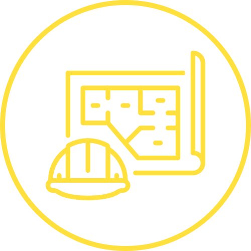 icone jaune avec cercle d'un plan et d'un casque de construction qui représente les plans 3d