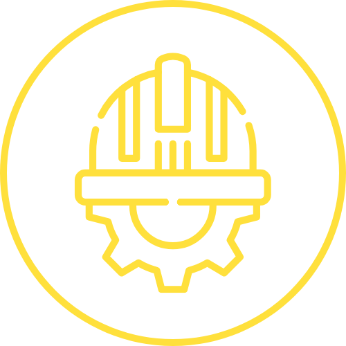 pictogramme jaune d'une roue dentelée avec un casque de construction représentant la sécurité de l'echafaudage au québec avec cercle jaune