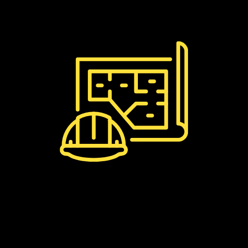 icone jaune sur fond noir d'un plan et d'un casque de construction qui représente les plans 3d