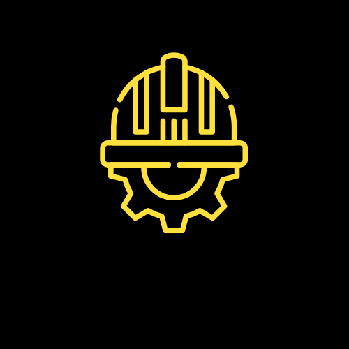 pictogramme jaune d'une roue dentelée avec un casque de construction représentant la sécurité de l'echafaudage au québec sur fond noir